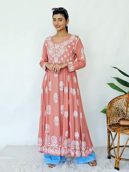 The Chikan Label - Peach Ria Modal Chikankari Anarkali Kurta