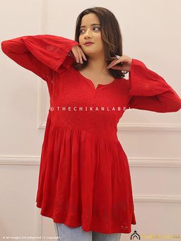 The Chikan Label - Red Viscose Chikankari Short Top