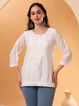 The Chikan Label - White Ishitha Chanderi Chikankari Short Kurti