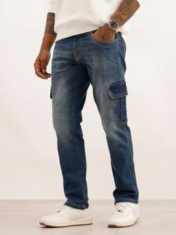 WROGN - Blue Straight Fit Washed Denim Cargo