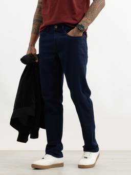 WROGN - Navy Blue Solid Straight Fit Denim Jeans