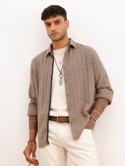 WROGN - Brown Slim Fit Herringbone Knit Full Sleeve Shirt