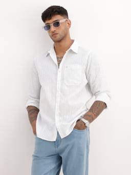 WROGN - White Regular Fit Striped Full Sleeve Shirt
