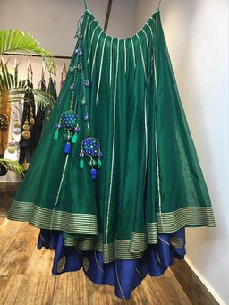 Taraasi - Morni' Green and Blue Handloom Chanderi Silk Kalidar Ghaghara Skirt
