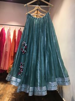 Taraasi - Mehru' Teal Blue Handloom Chanderi Silk Kalidar Ghaghara Skirt