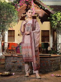 Stylum - Brown Floral Printed Pakistani Kurta with Pant and Dupatta (Set of 3)