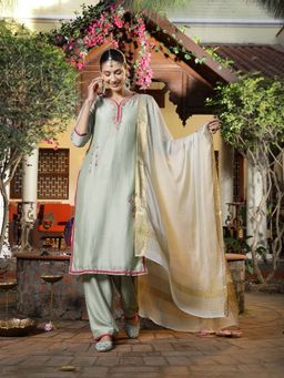 Stylum - Green Floral Embroidered Straight Kurta with Pant and Dupatta (Set of 3)
