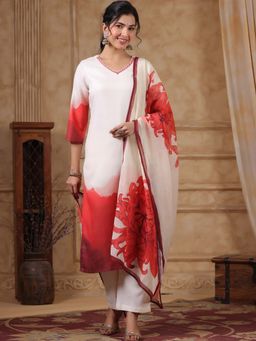 Autumnlane - White-Red Floral Printed Kurta with Pant and Dupatta (Set of 3)