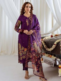 Autumnlane - Purple Floral Embroidered Kurta with Pant and Dupatta (Set of 3)