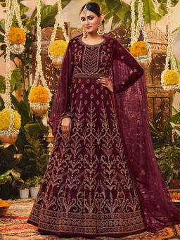 Stylee LIFESTYLE - Wine Net Sequined Semi Stitched Dress Material (Set of 3)