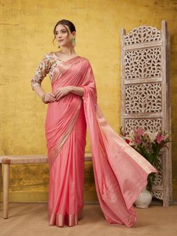 Silk Land - Blush Pink Pure Viscose Chinon Zari Banarasi Saree and Unstitched Blouse