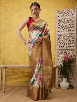 Silk Land - Beige Kanjeevaram Soft Silk Floral Printed Saree with Tassel and Unstitched Blouse