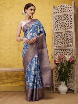 Silk Land - Blue Kanjeevaram Soft Silk Floral Printed Saree with Tassel and Unstitched Blouse