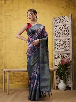 Silk Land - Navy Blue Kanjeevaram Soft Silk Floral Printed Saree with Tassel and Unstitched Blouse