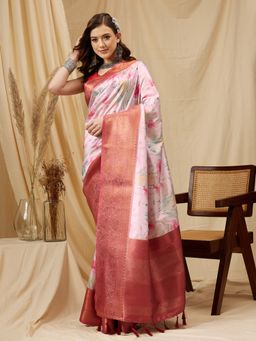 Silk Land - Pink Kanjeevaram Soft Silk Floral Printed Saree with Tassel and Unstitched Blouse