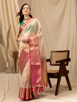 Silk Land - Beige Digital Printed Muga Silk Checks Saree and Unstitched Blouse