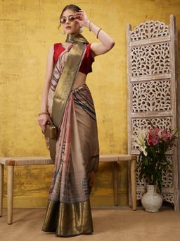 Silk Land - Pink Banarasi Tusser Soft Silk Digital Print Zari Woven Saree and Unstitched Blouse