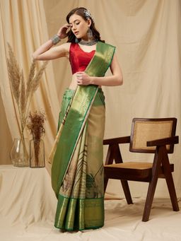 Silk Land - Green Banarasi Tusser Soft Silk Digital Print Zari Woven Saree and Unstitched Blouse