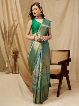 Silk Land - Dark Green Banarasi Tusser Soft Silk Digital Print Zari Woven Saree and Unstitched Blouse