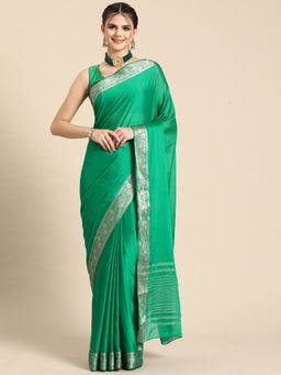 Silk Land - Green Pure Viscose Chinon Zari Banarasi Saree and Unstitched Blouse
