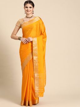Silk Land - Mustard Pure Viscose Chinon Zari Banarasi Saree and Unstitched Blouse