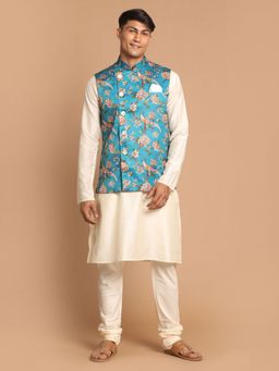 Vastramay - Mens Turquoise and Cream Viscose Jacket - Kurta and Pyjama (Set of 3)