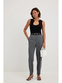 NA-KD - Straight High Waist Cropped Suit Pants - Mid Grey