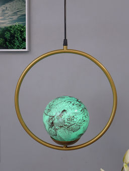 Homesake - Metal Pendant Glass Golden Round Planet Green
