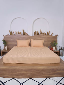 BELIHODE - 300 TC, Pure Cotton Striped Fitted Queen bedsheet witrh 2 pillow cover