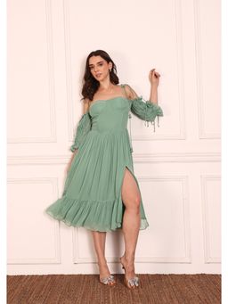 SEORAA - Eden Green Georgette Flared Dress