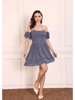 SEORAA - Gloria Blue Georgette Flared Dress