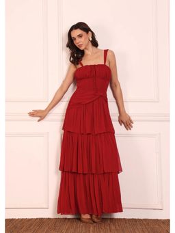 SEORAA - Marina Red Chiffon Flared Dress