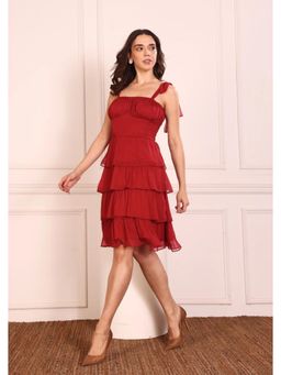 SEORAA - Ruby Red Chiffon Flared Dress