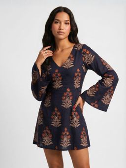 NISHORAMA - Blue ANIKA Bell Sleeves Printed Cotton Dress