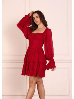 SEORAA - Scarlette Red Georgette Flared Dress