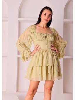 SEORAA - Verdelle Dress Green Georgette Flared Dress