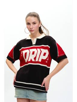 Bonkers Corner - Black Drip Knit Polo T-shirt