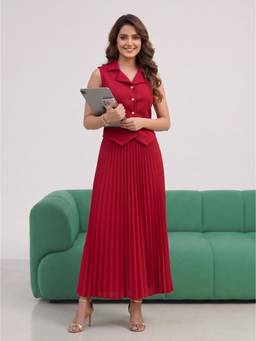 JAKANARY - Red Polyester Solid Waist Coat and Skirt