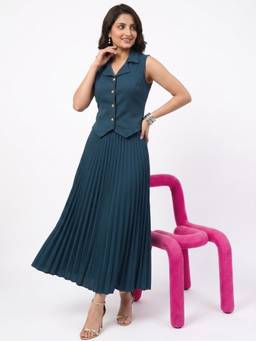 JAKANARY - Teal Polyester Solid Waist Coat and Skirt