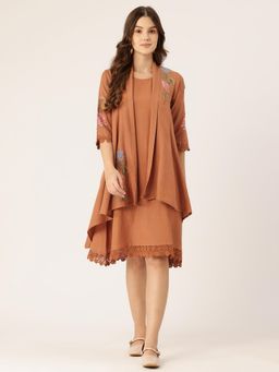 STUDIO MISRI - Brown Rayon Embroidered Dress with Shrug