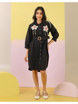 STUDIO MISRI - Black Cotton Embroidered Shirt Dress with Belt