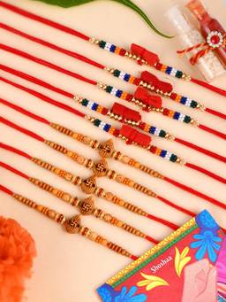 Shoshaa - Red-Gold Multi Beaded Bhai Rakhi with Roli & Chawal (Set of 13)