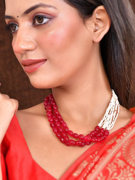 Silvermerc Designs Multistrand Red And White Beaded Necklace With Gold Chain