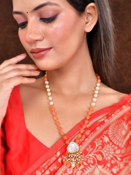 Silvermerc Designs - Orange And Pearl Beaded Necklace With Gold Crystal Pendant