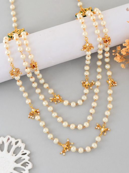 Silvermerc Designs 3 Layer Pearl And Kundan Beads Gold-Plated Necklace