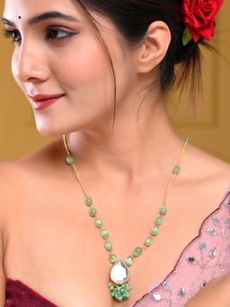 Silvermerc Designs - Green Bead Studded Gold-Plated Kundan Necklace Green