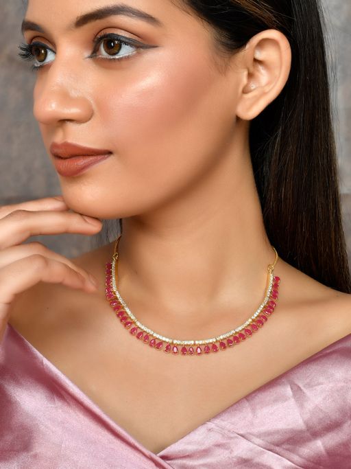 Silvermerc Designs Gold Necklace With Red Teardrop Gemstones And Diamond