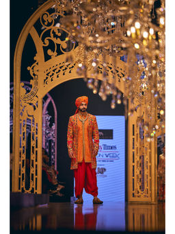 THE ROYALEUM ATELIER - Embroidered Orange Jacket with Kurta and Dhoti (Set of 3)