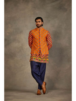 THE ROYALEUM ATELIER - Orange Sleeveless Nehru Jacket with Kurta and Salwar (Set of 3)