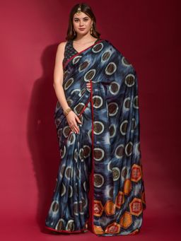Akhilam - Womens Soft Silk Blue Printed Designer Saree With Unstitched Blouse Piece